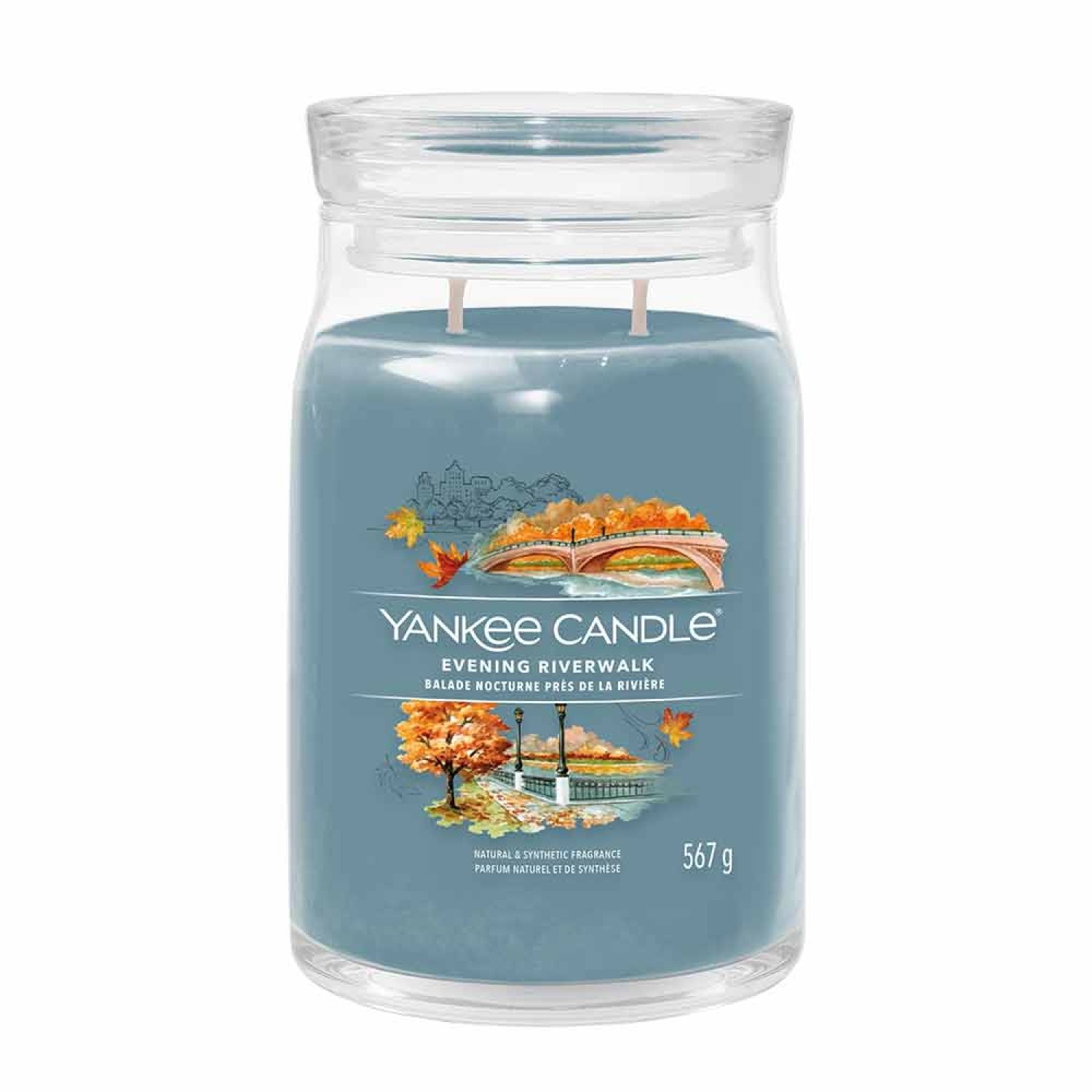 Große Yankee Candle Duftkerze. Blaues Glas mit Deckel. Aufkleber mit Text und Herbstmotiv. 567g.