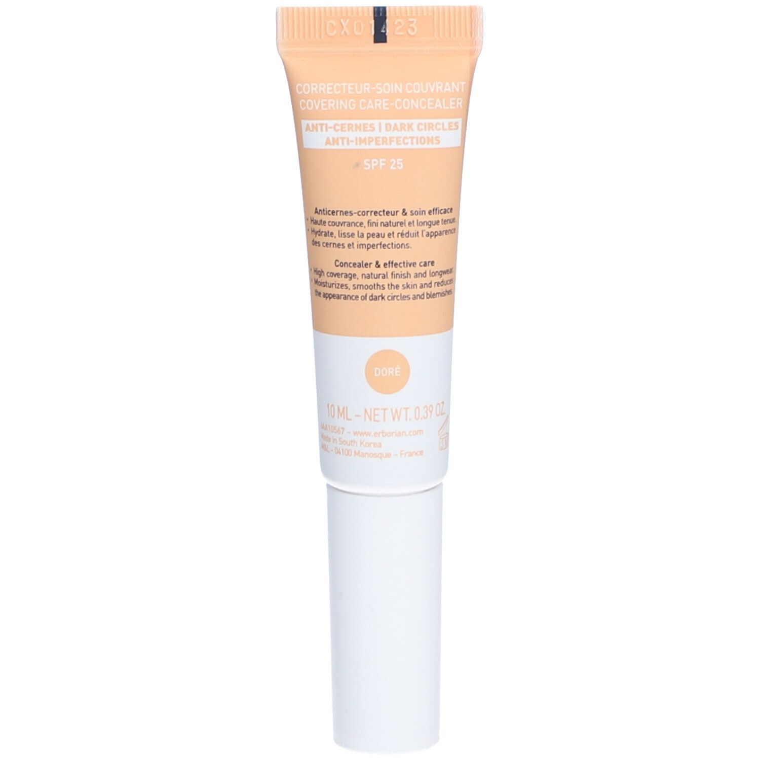 Rückseite der Concealer-Tube. Text: CORRECTEUR SOIN COUVRANT, ANTI-CERNES, SPF 25. Farbton: DORE. Volumen: 10 ml.