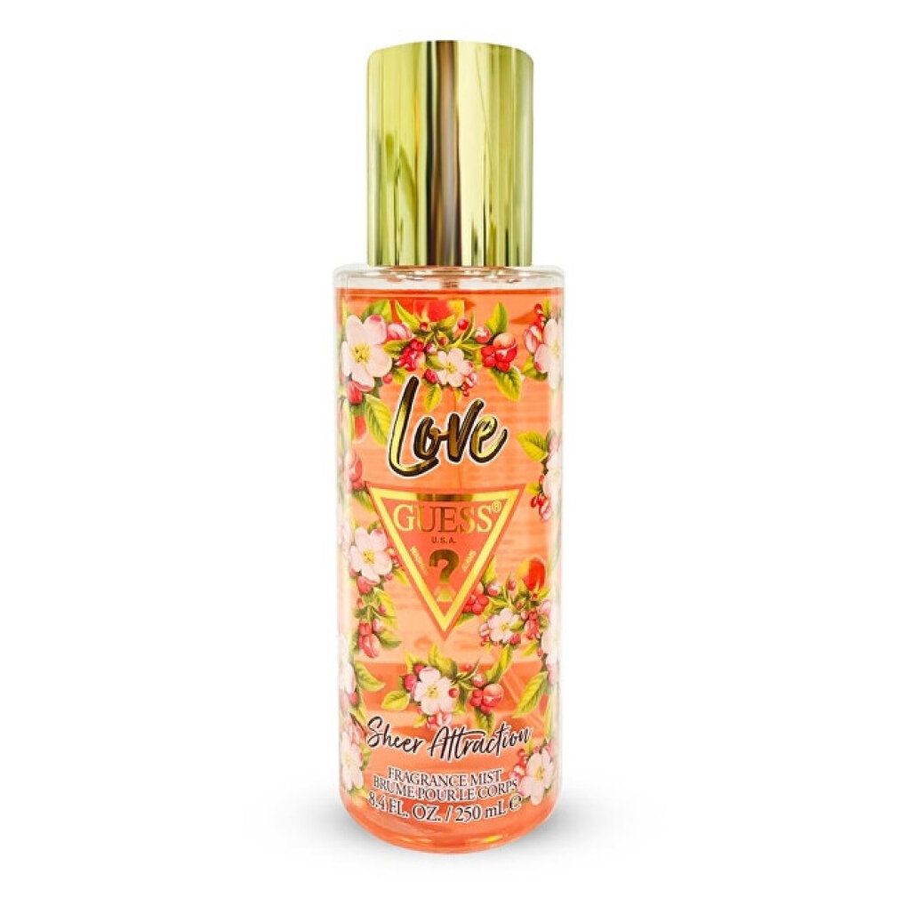 Zylindrische Flasche mit goldfarbenem Deckel. Aufschrift "Love Guess" und "Sheer Attraction". Blumendekor.