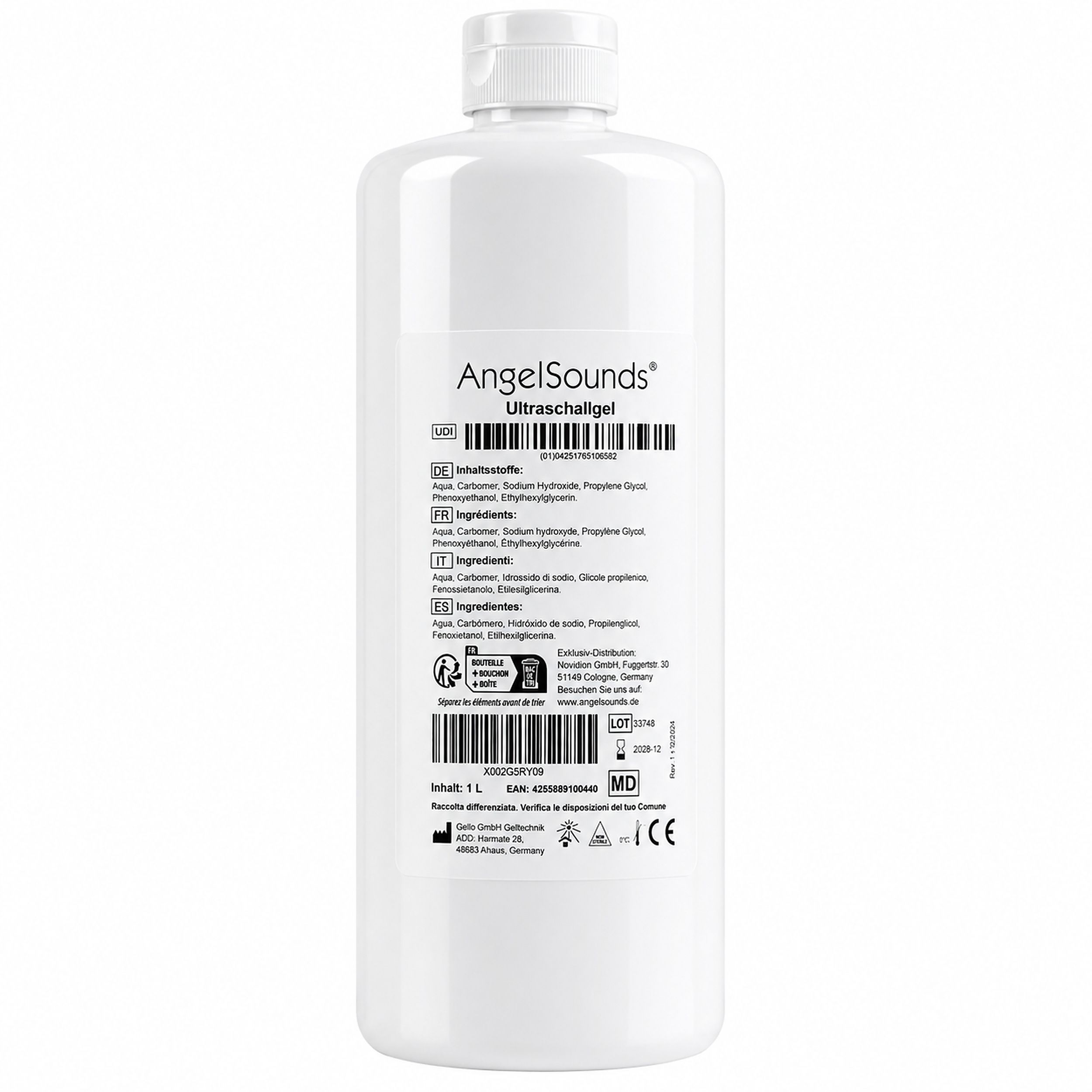 Weiße Flasche AngelSounds Ultraschallgel, 1L. Etikett mit Inhaltsstoffen und CE-Kennzeichnung.
