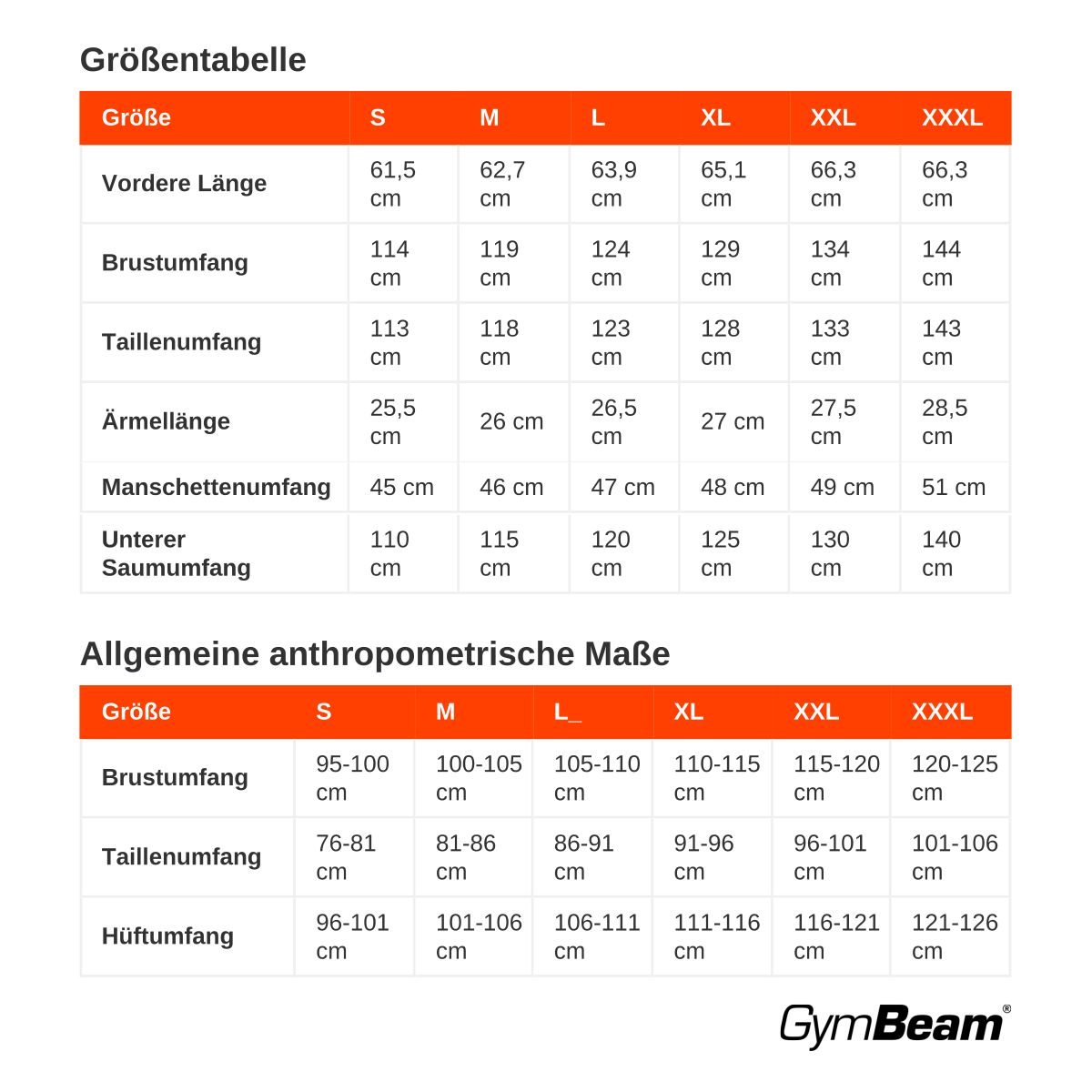Größentabelle für Herrenbekleidung mit Maßen in cm.
