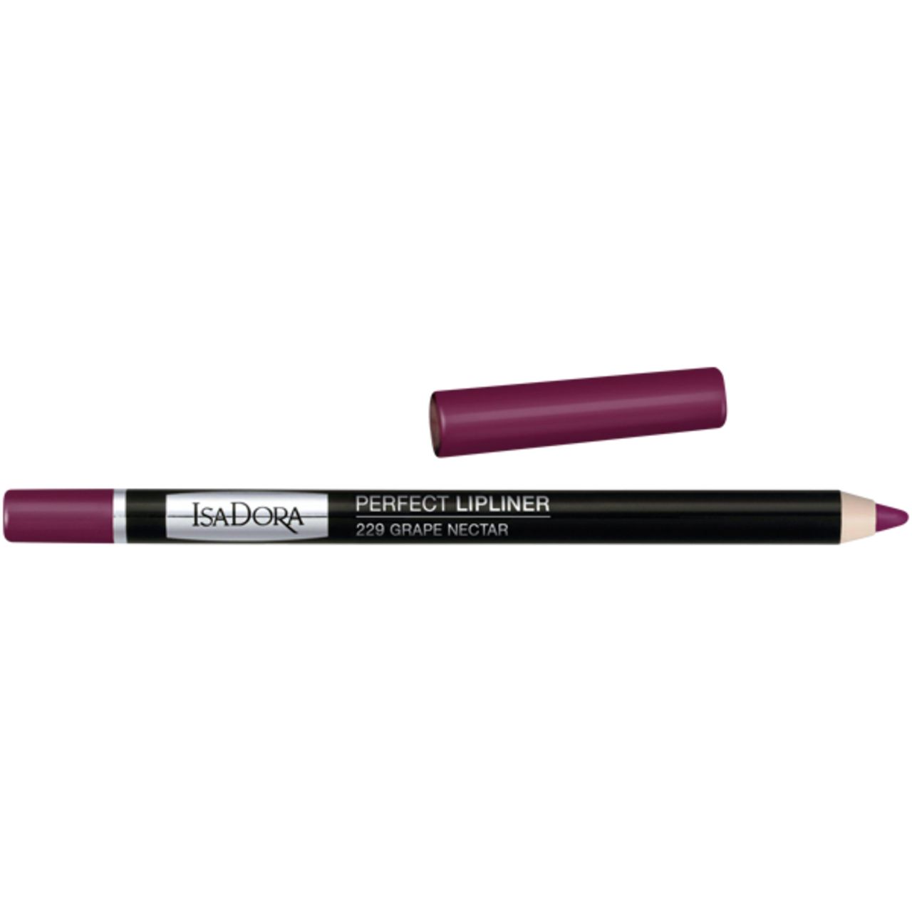 IsaDora Perfect Lipliner, Farbe 229 Grape Nectar. Schwarzer Stift mit lilafarbener Mine und Kappe. Marke und Produktname sind sichtbar.