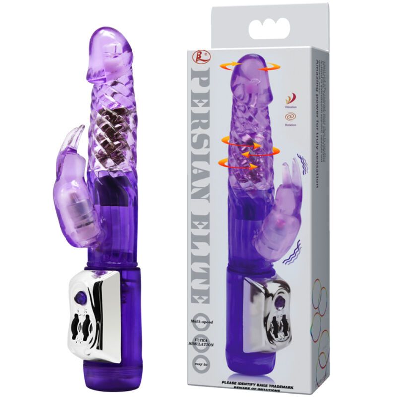 Lila Vibrator mit Verpackung. Der Vibrator hat eine geriffelte Oberfläche und einen Hasenohren-Aufsatz. Die Verpackung zeigt den Produktnamen "PERSIAN ELITE".