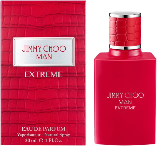 Rotes Parfümflakon und Verpackung. Aufschrift: JIMMY CHOO MAN EXTREME. Eau de Parfum. 30 ml.