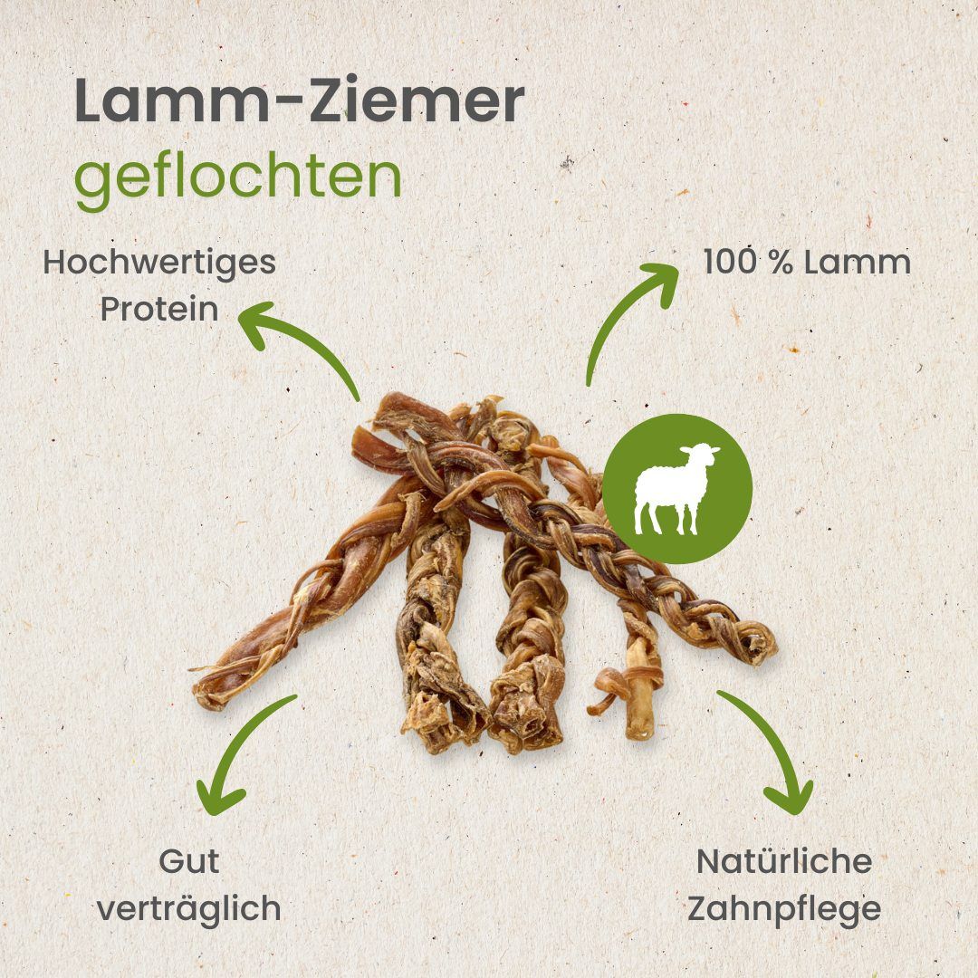 Geflochtene Kauartikel aus Lammfleisch, mit Icons und Texten zu Protein, Lammanteil und Zahnpflege.
