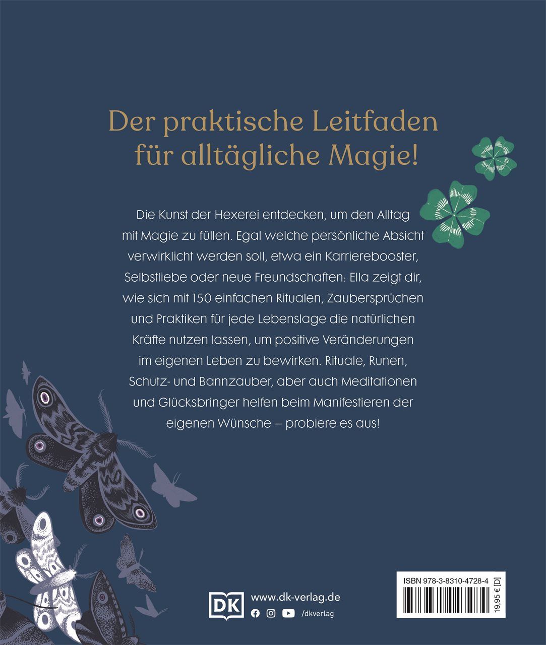 Buchrücken von "Magie für den Alltag". Dunkelblauer Hintergrund mit Text und Kleeblatt-Illustrationen. Verlag DK.