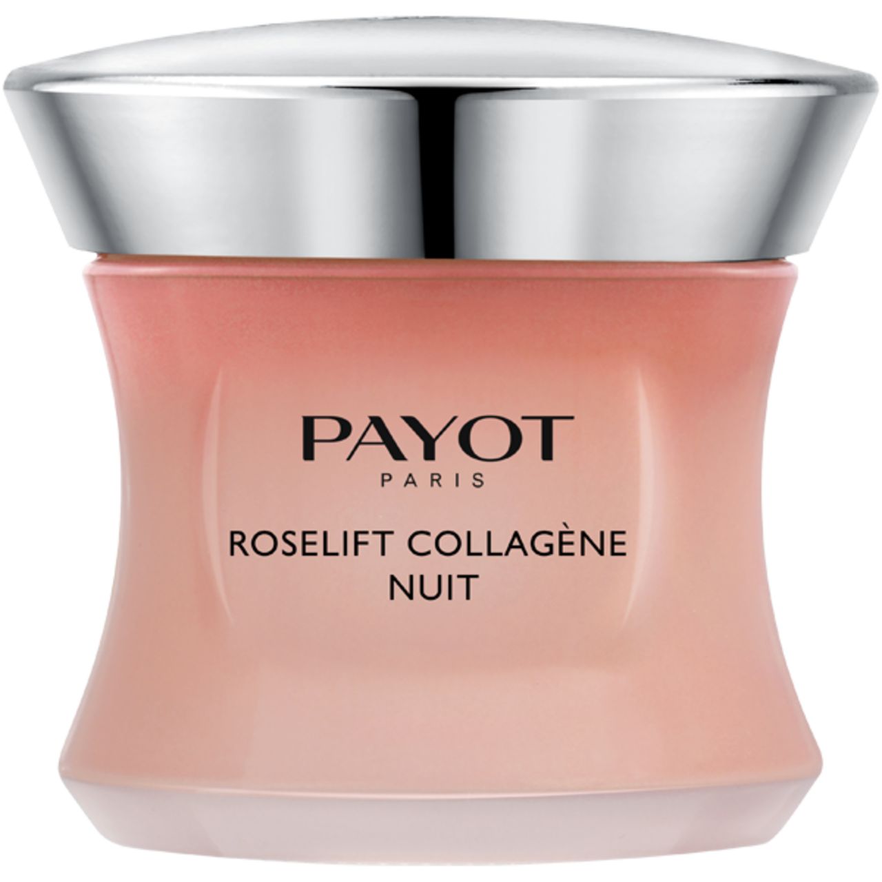Creme-Tiegel mit silberfarbenem Deckel. Aufschrift: PAYOT PARIS, Roselift Collagène Nuit. Rosa getöntes Glas.