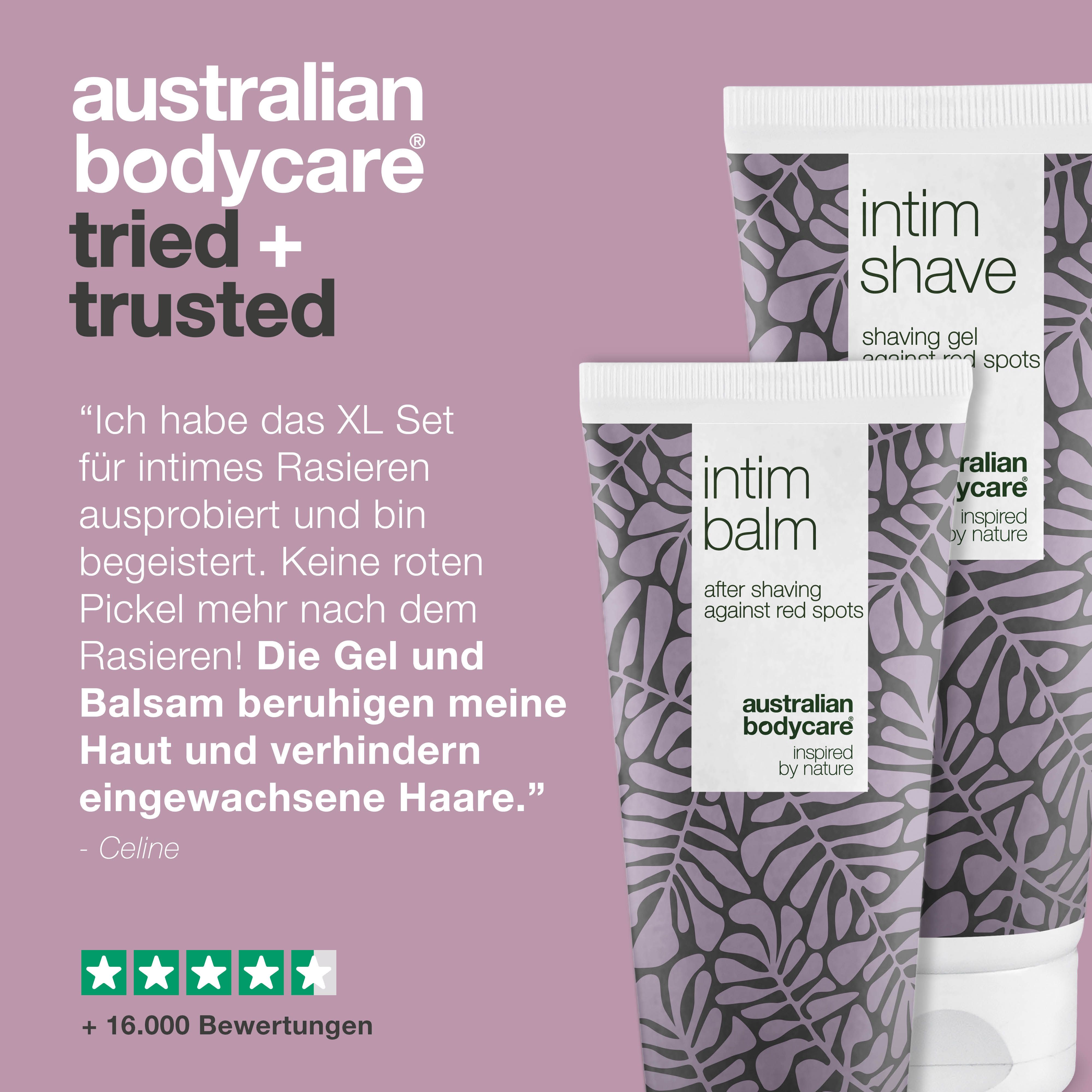 Intim Shave und Intim Balm. Text: Australian Bodycare. Lila Muster. Kundenbewertung.