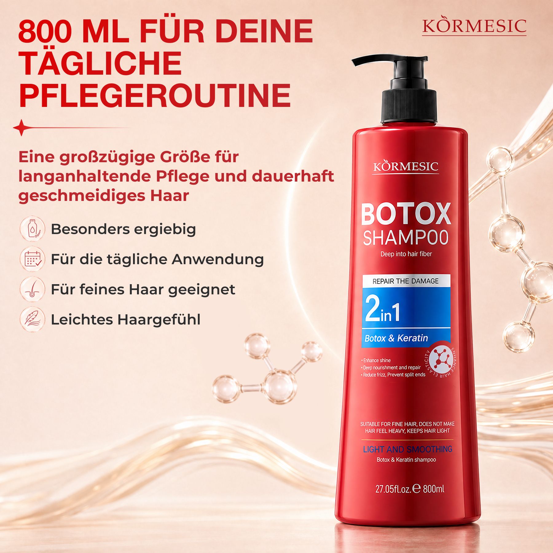 Rote Flasche Kormesic Botox Shampoo 800 ml mit Pumpspender.