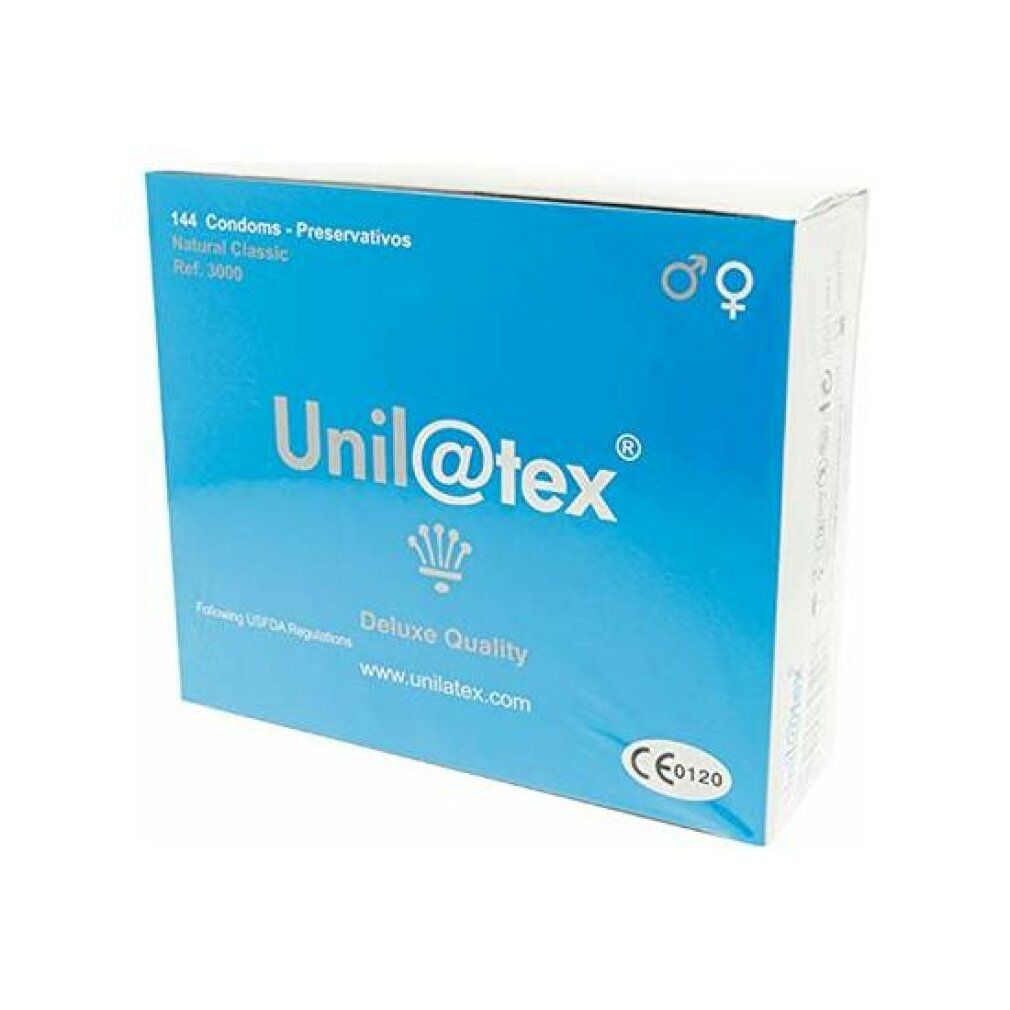 Blaue Schachtel von Unilatex. Aufschrift: 144 Kondome, Natural Classic, Deluxe Quality, CE-Kennzeichnung, Logo.