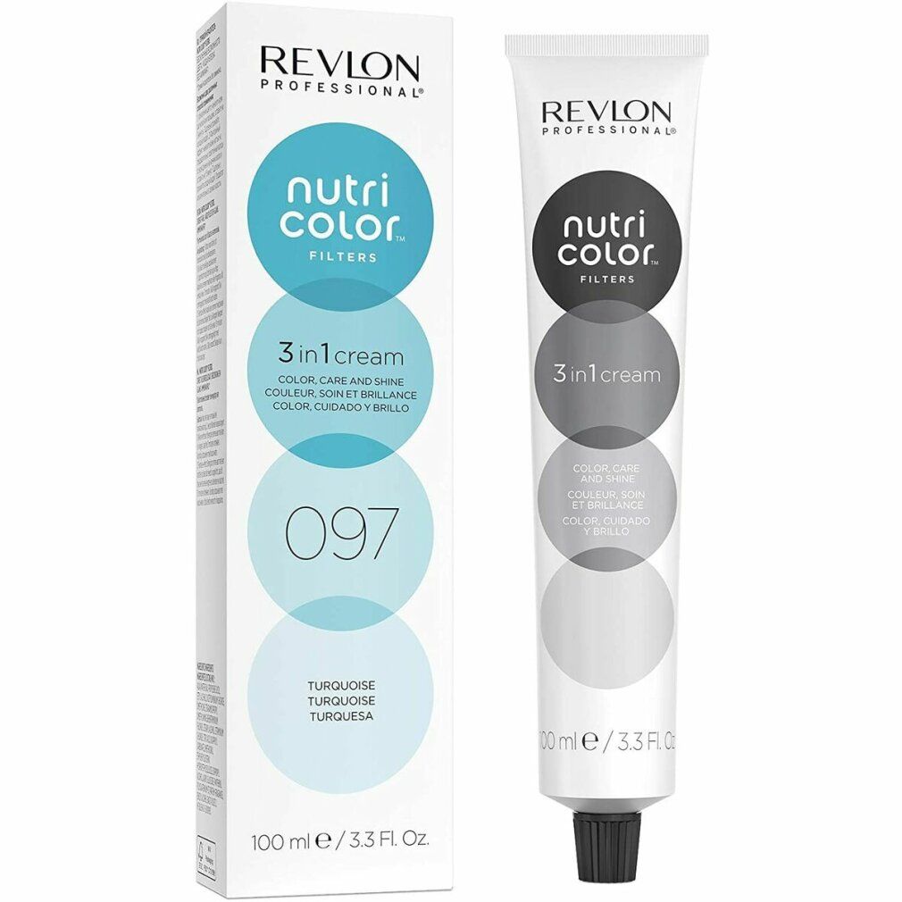 Produktverpackung: Tube und Schachtel. Aufschrift: Revlon Professional, Nutri Color Filters, 3 in 1 cream, 097, Türkis.