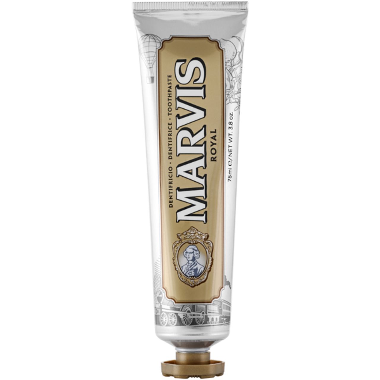 Zahnpasta-Tube, silberfarben mit goldfarbenem Etikett. Marke und Produktbezeichnung deutlich sichtbar.
