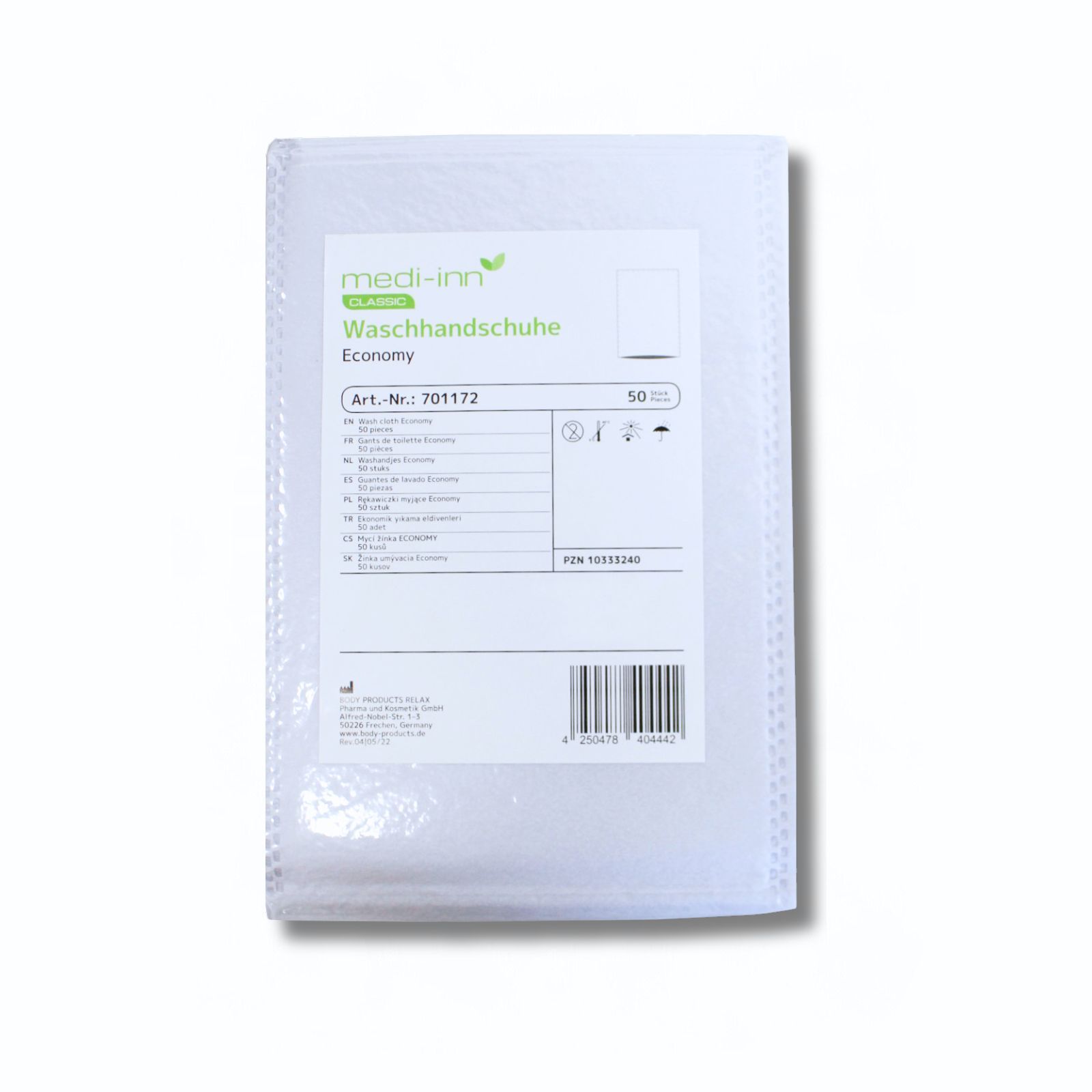 Verpackung von Medi-Inn Waschhandschuhe Economy. Weiße, transparente Folienverpackung mit Produktinformationen und Logo.