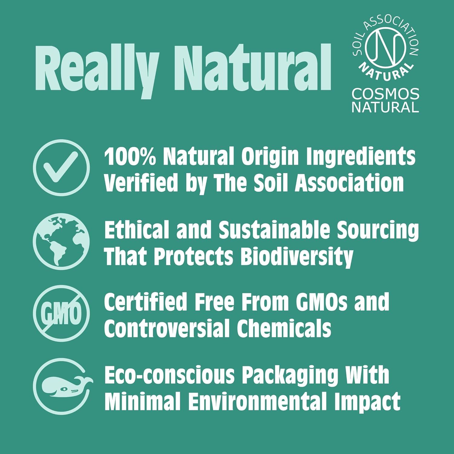 Infografik: 100% natürliche Inhaltsstoffe, ethische Beschaffung, frei von GVO und umweltfreundliche Verpackung.