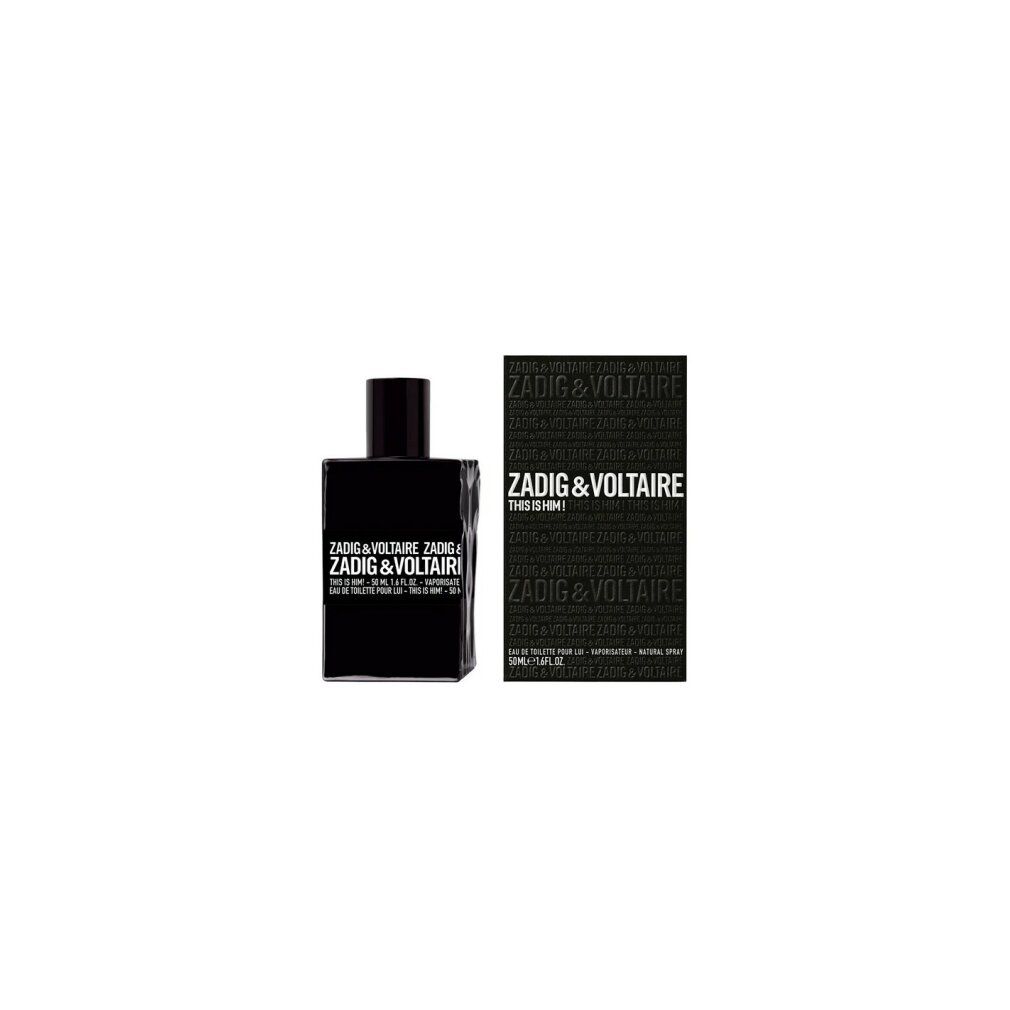 Zadig & Voltaire This Is Him Eau de Toilette, Flakon und Verpackung. Text: Zadig & Voltaire, This Is Him! 50 ml.
