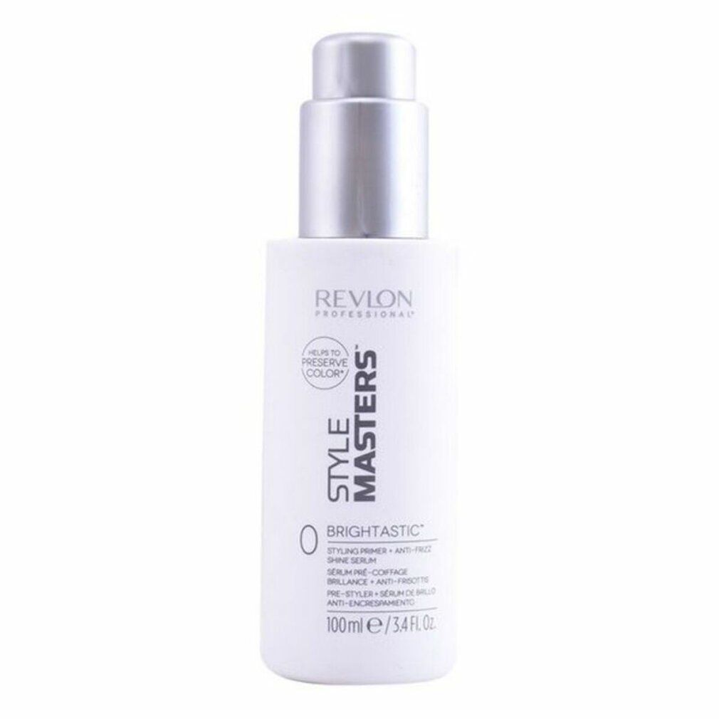 Weiße Flasche mit silbernem Pumpkopf. Beschriftung: Revlon Style Masters, Brightastic, 100ml/3.4 fl oz.