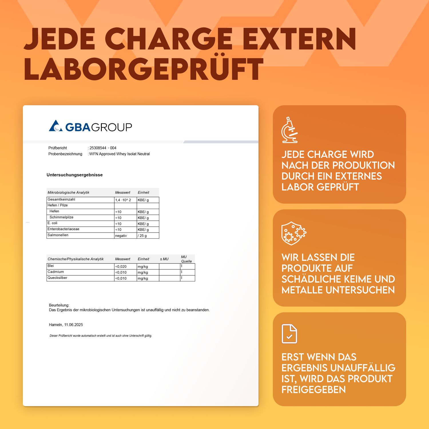 Laborbericht. Text: Jede Charge extern laborgeprüft. Untersucht auf Keime und Metalle. Produkt wird freigegeben, wenn unauffällig.