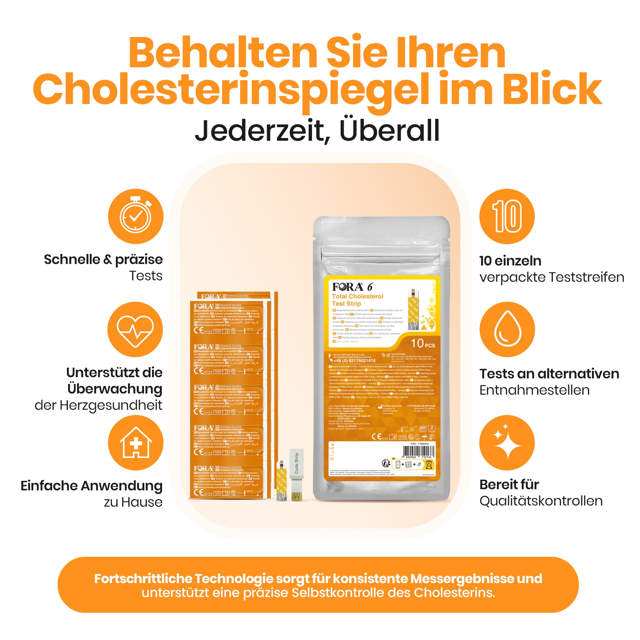 Produktverpackung mit 10 einzeln verpackten Teststreifen. Grafiken zeigen Vorteile und CE-Zertifizierung.