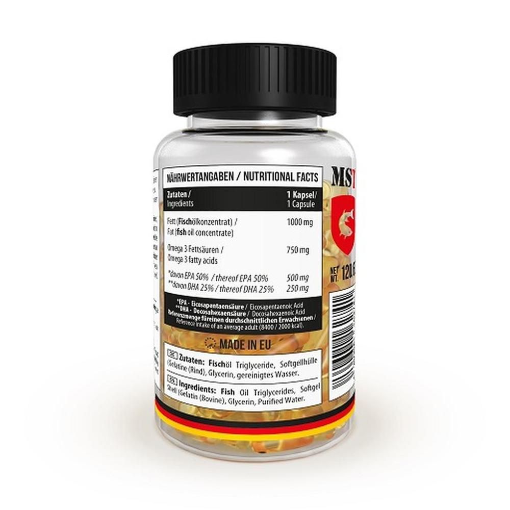 Kapseln in einer transparenten Flasche. Aufschrift: Nährwertangaben, MST, Made in EU. Enthält Omega-3-Fettsäuren.