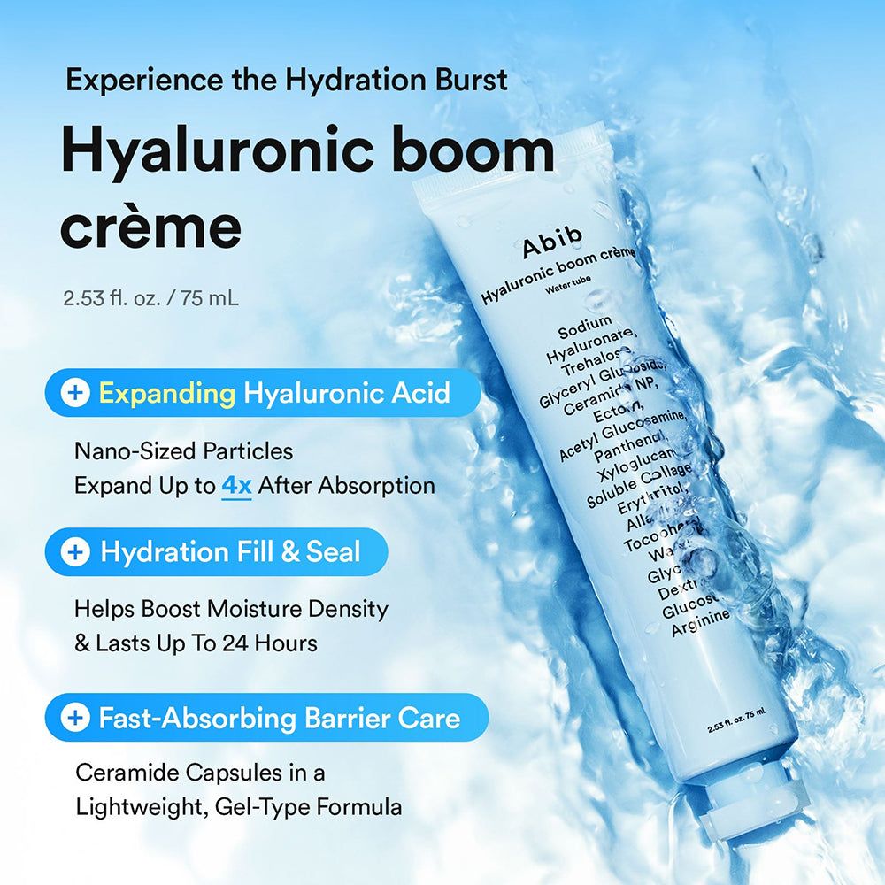 Abib Hyaluronic Boom Crème Tube mit Inhaltsstoffliste. 75 ml.