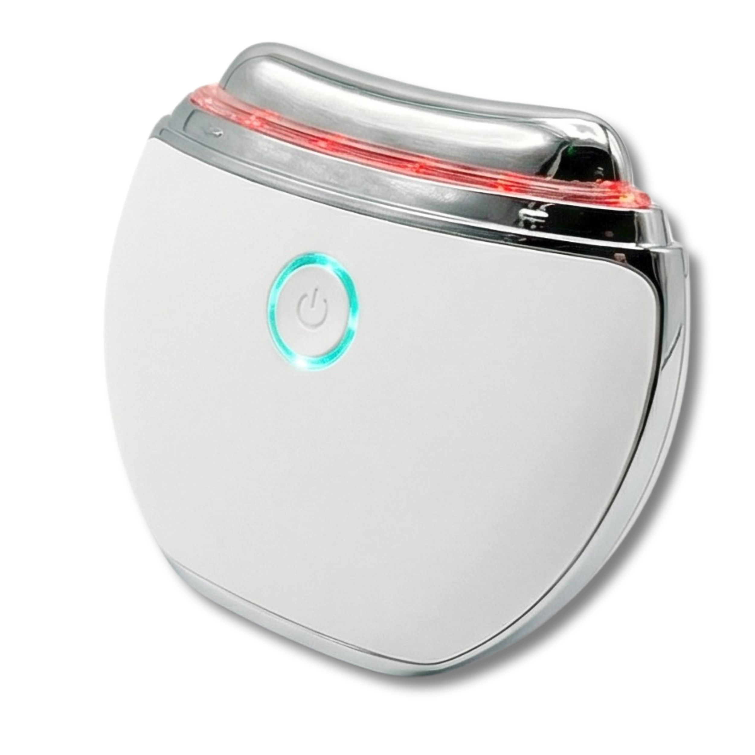 Weißes Massagegerät mit rotem Licht. Silberne Akzente, grüner Knopf. Abgerundete Form.