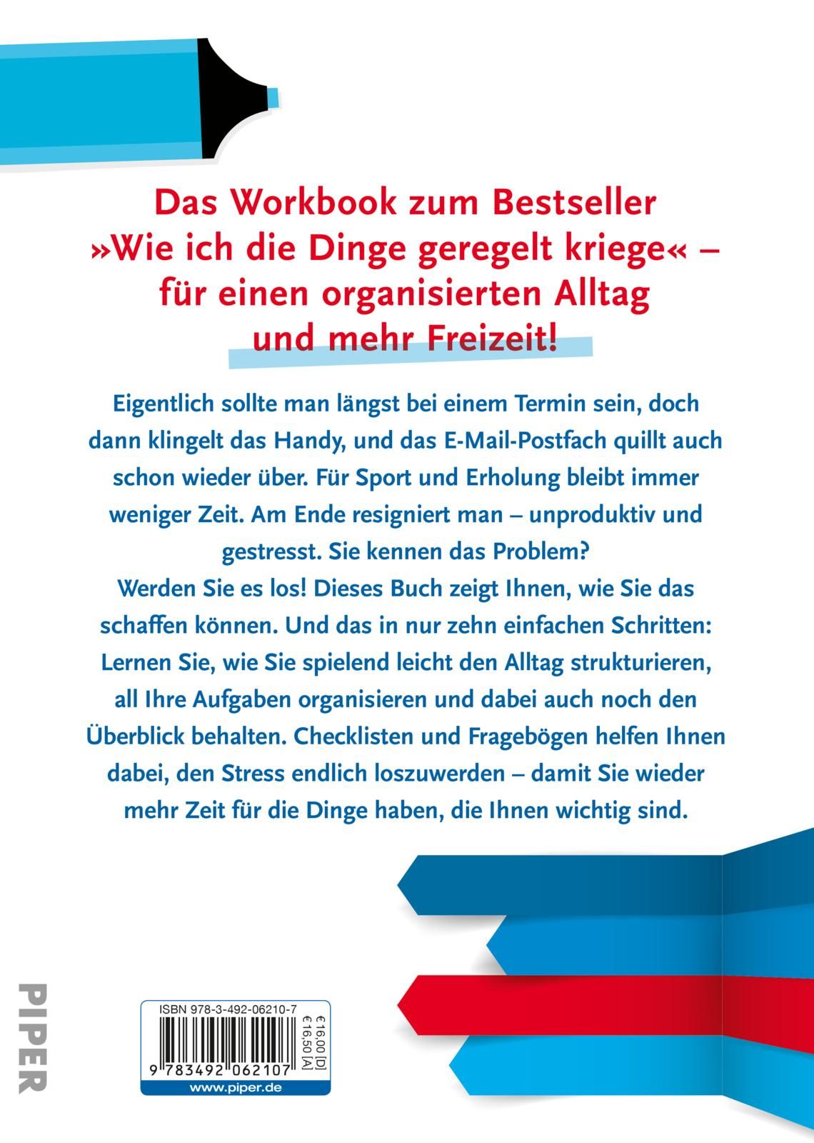 Rückseite des Buches "Wie ich die Dinge geregelt kriege". Text in deutscher Sprache. Blaue und rote Pfeile.