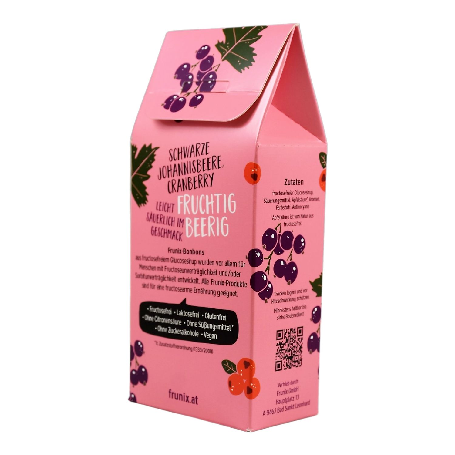 Rosa Verpackung mit Produktinformationen. Schwarze Johannisbeere, Cranberry. Text: Fruchtig, sauerlich im Geschmack.