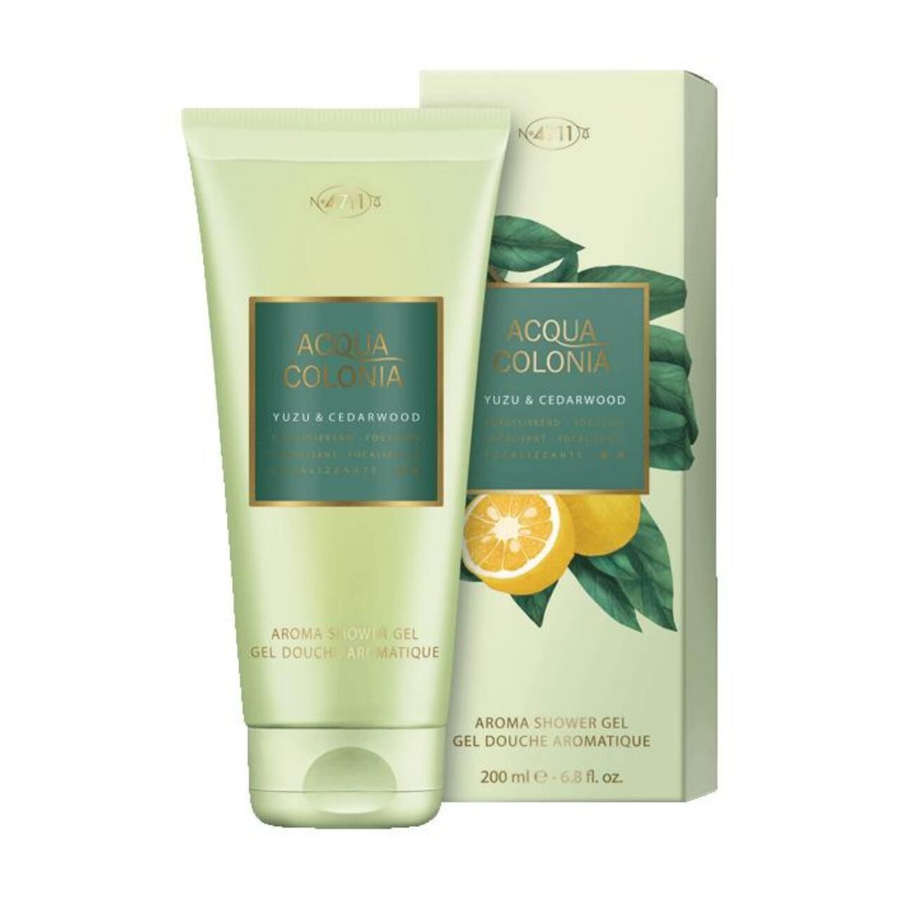 Hellgrüne Tube und Schachtel. Text: Acqua Colonia, Yuzu & Cedarwood, Aroma Shower Gel. Abbildung: Yuzu-Früchte.