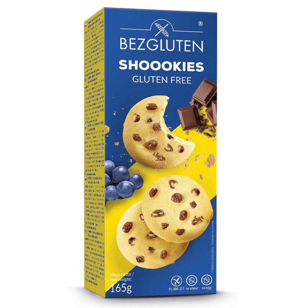 Verpackung von glutenfreien Shoookies. Blaue und gelbe Box mit Keksen, Schokolade und Blaubeeren. Aufschrift: Bezgluten, Shoookies, Gluten Free.