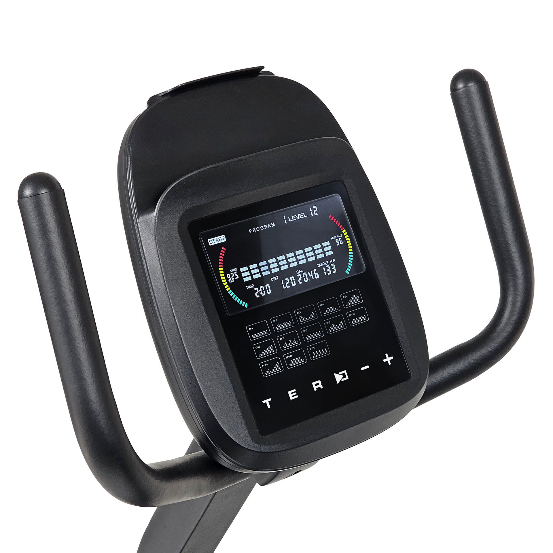 Ergometer-Konsole. Schwarzer Bildschirm mit Anzeige von Trainingsdaten. Tasten zur Steuerung. Schwarze Griffe.