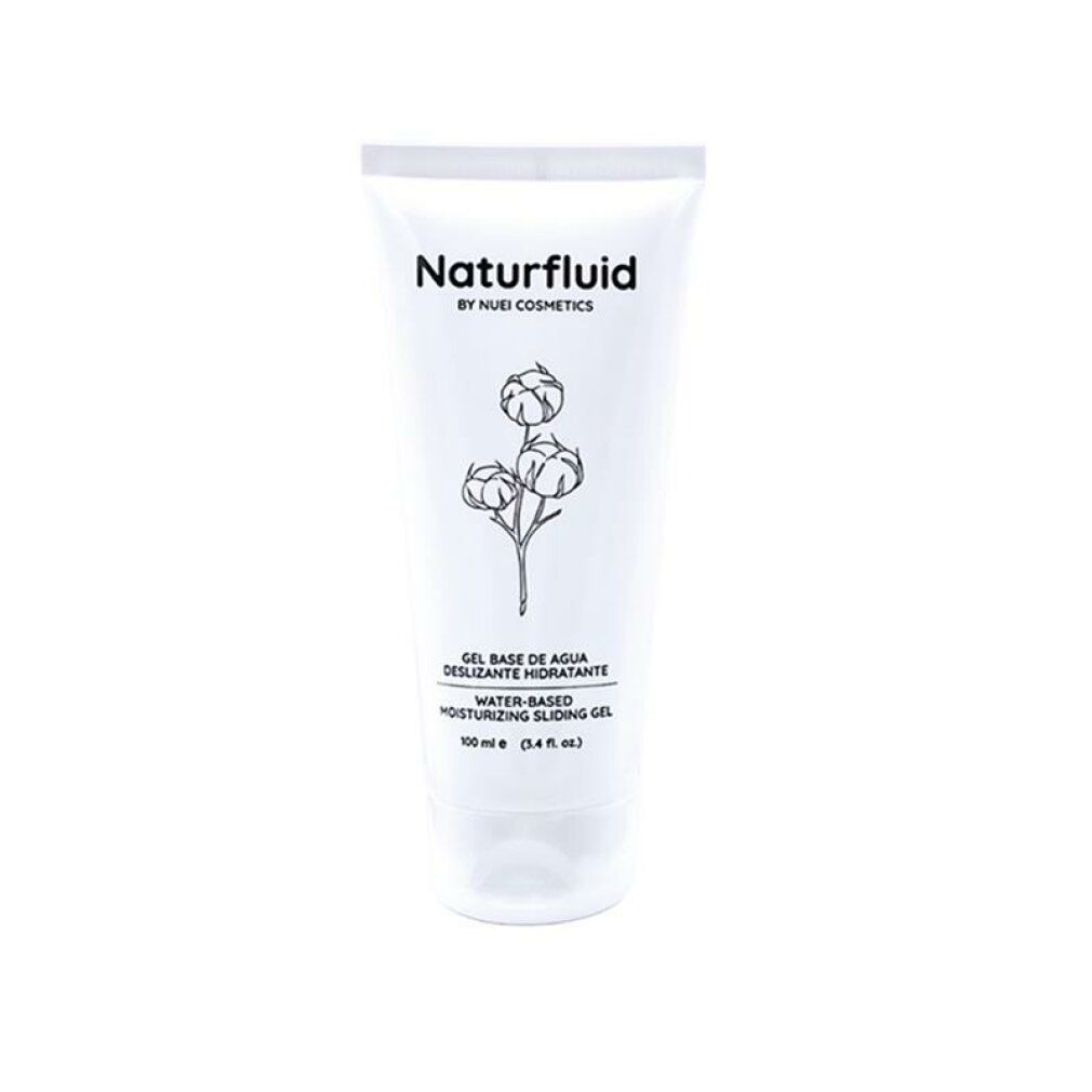 Weißer Tubenbehälter mit Produktnamen Naturfluid. Text: Gel base de agua, Water-based moisturizing sliding gel. Baumwollblüten-Illustration.