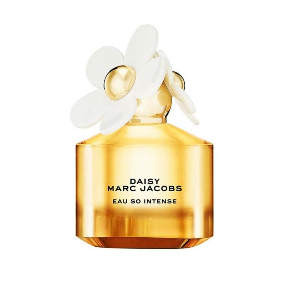 Parfümflasche mit weißer Blüte auf dem Deckel. Goldfarbenes Glas mit Aufschrift.