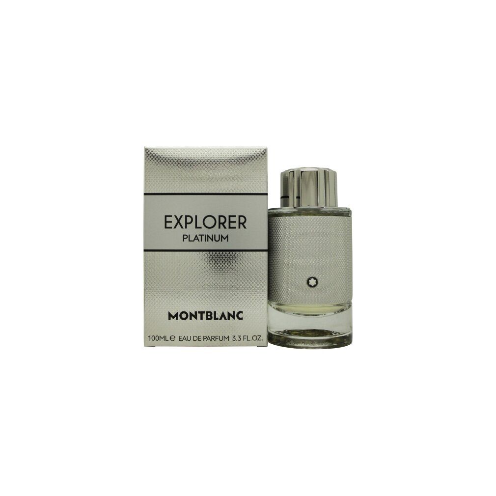 Montblanc Explorer Platinum Eau de Parfum Flakon mit silberner Textur und Montblanc-Logo.