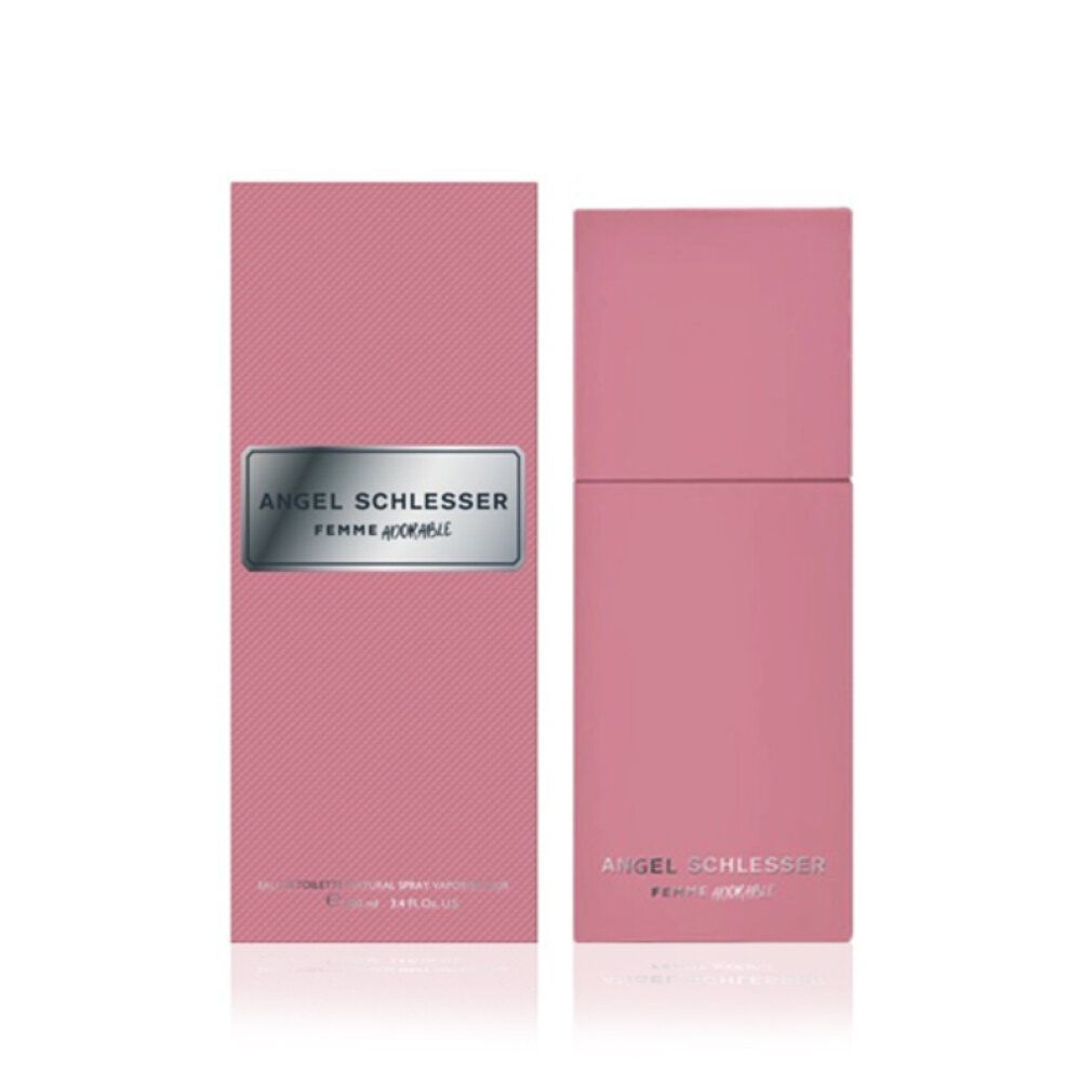 Rosa Flakon und Verpackung. Aufschrift: Angel Schlesser Femme Adorable. Eau de Toilette.