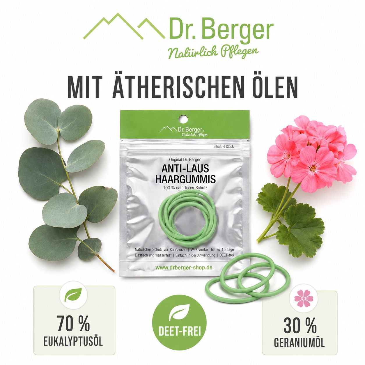 Grünes Anti-Laus-Haargummi mit Eukalyptusöl und Geranienöl. DEET-frei.