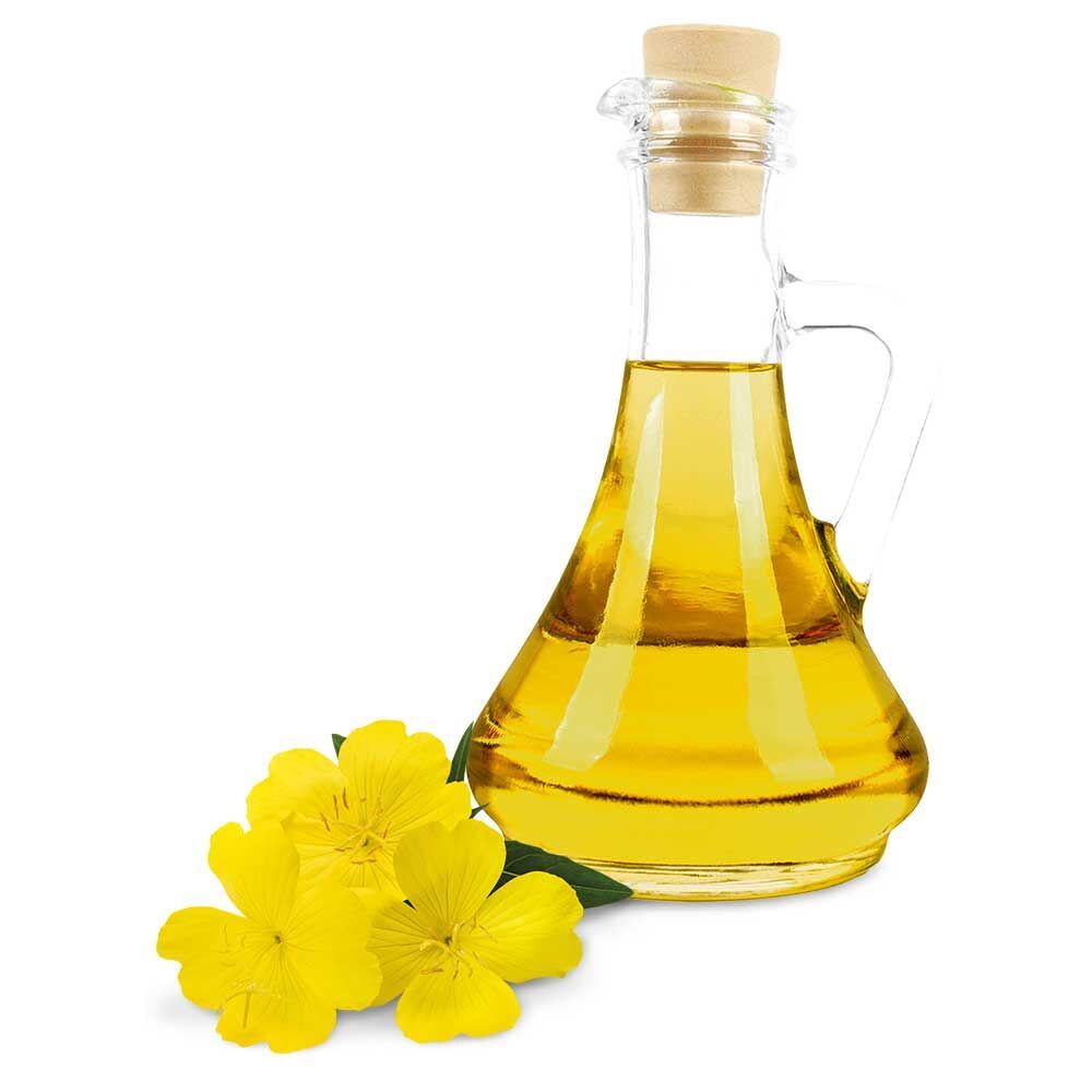 Kleine Glasflasche mit gelber Flüssigkeit und Korkverschluss. Gelbe Blüten liegen daneben. Klare Glasflasche.