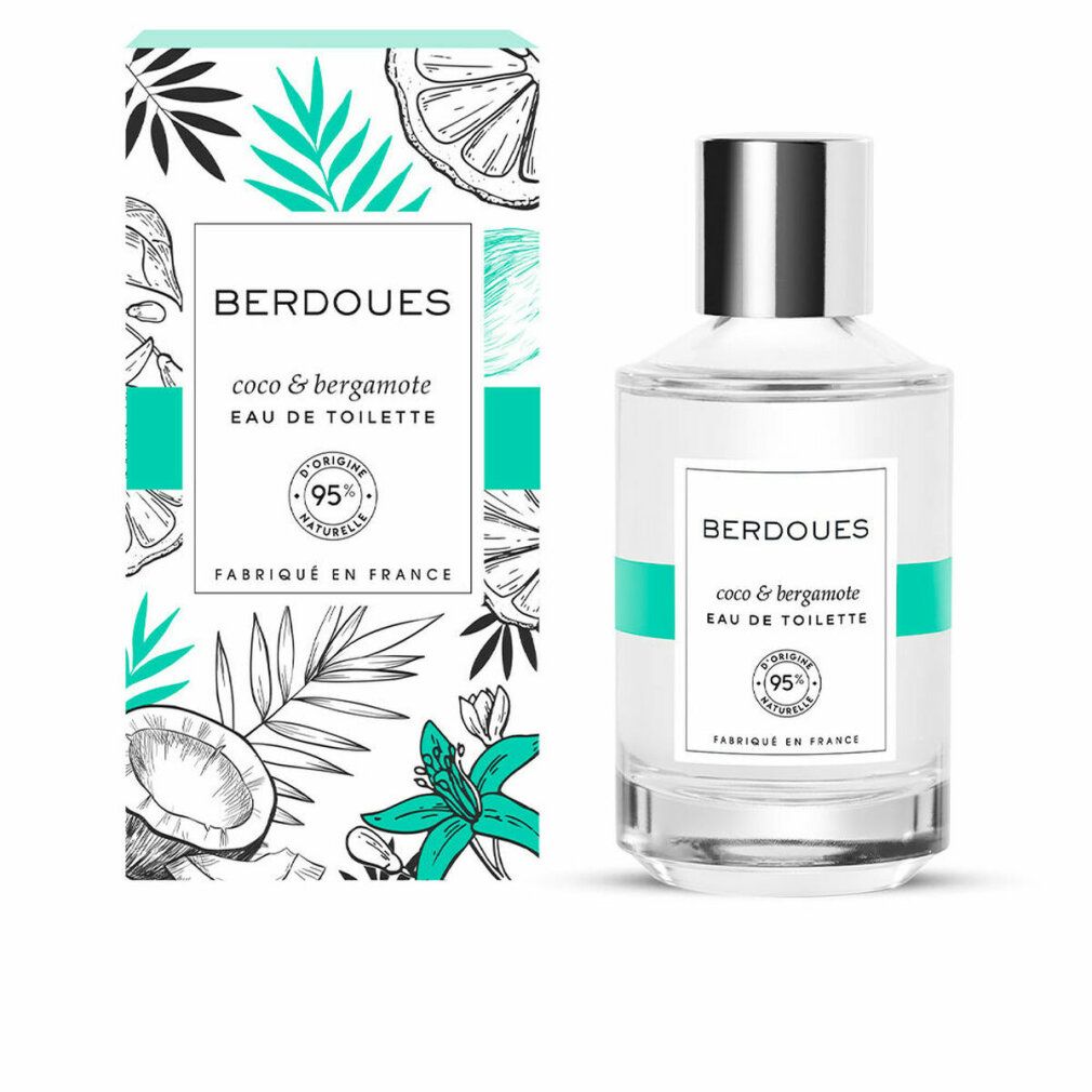 Flakon und Schachtel mit Aufdruck. Aufschrift: BERDOUES, coco & bergamote, Eau de Toilette. 95% naturelle. Hergestellt in Frankreich.