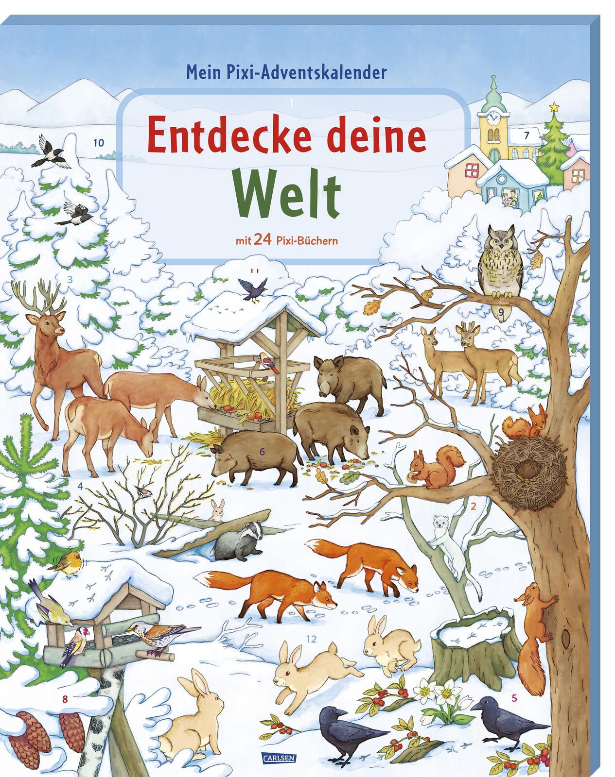 Adventskalender mit Illustration einer Winterlandschaft mit Tieren und Text: Entdecke deine Welt.