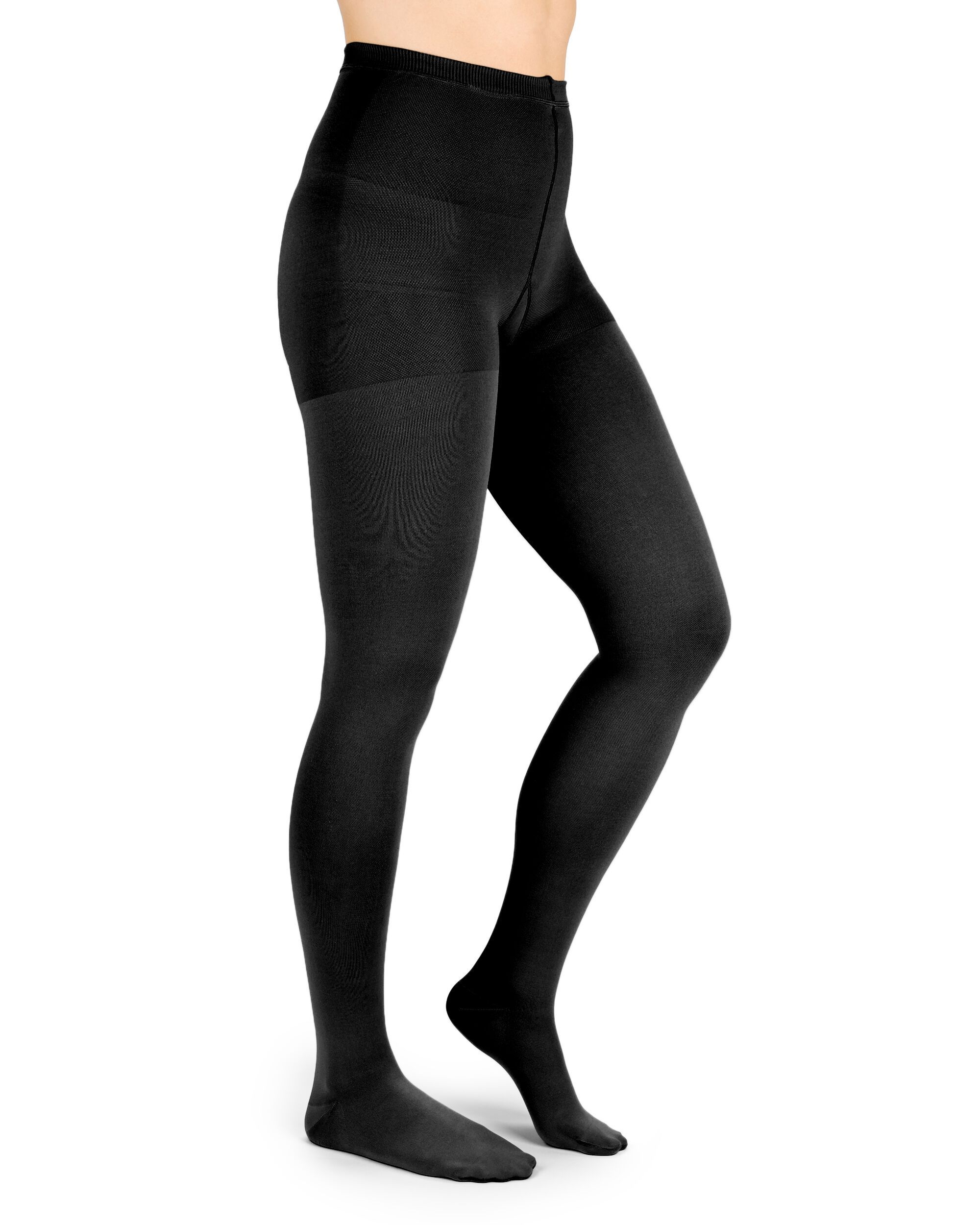 Schwarze Kompressionsstrumpfhose. Blick von der Seite, die eine Person trägt sie. Hoher Bund, blickdichtes Material.