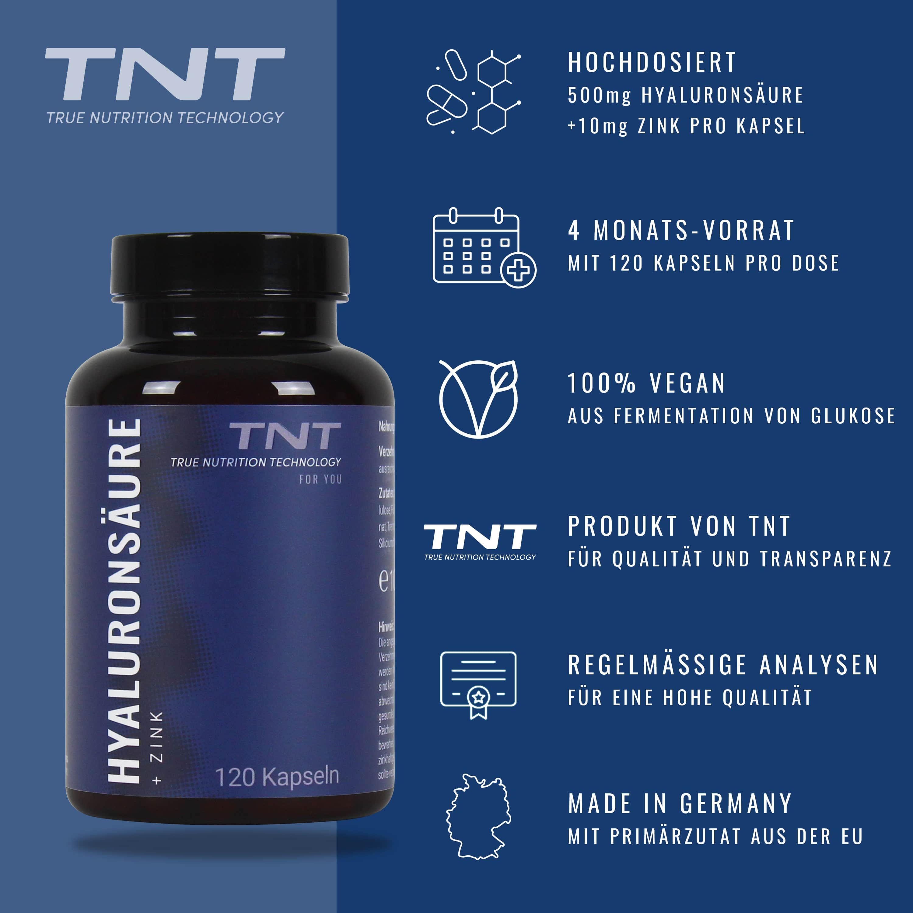 Flasche mit Aufschrift: Hyaluronsäure + Zink, 120 Kapseln. Marke: TNT. Text: 100% vegan, Produkt von TNT, Made in Germany. Icons.