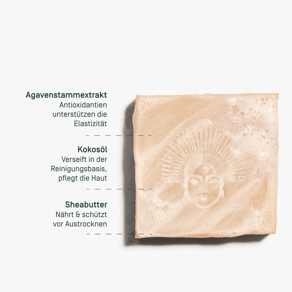 Viva Maia Calming Bar Seife: Agavenextrakt, Kokosöl, Sheabutter. Mit geprägtem Gesichtssymbol.