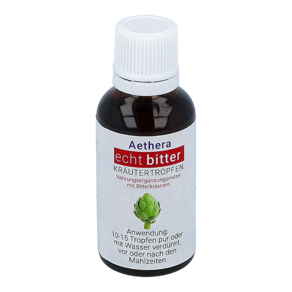 Braune Glasflasche mit weißem Schraubverschluss, Etikett mit 'Aethera echt bitter Kräutertropfen' und Artischocken-Abbildung.