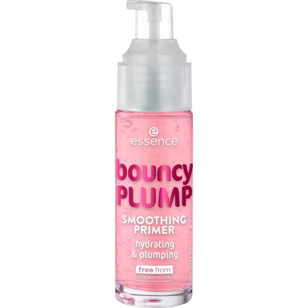 Rosa Foundation-Primer-Flasche mit Pumpe. Schriftzug: Bouncy Plump, Smoothing Primer, hydrating & plumping, free from.
