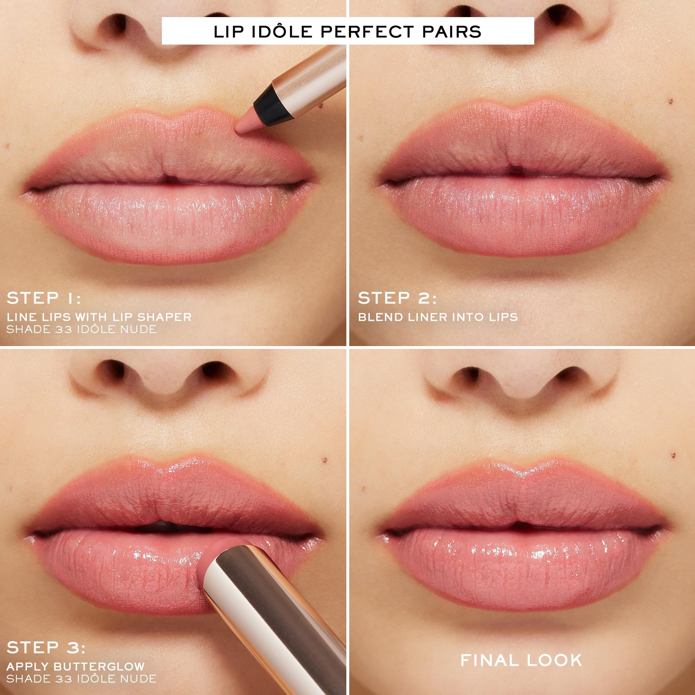 Vier Bilder zeigen Lippen, die mit Lipliner umrandet und mit Lipgloss gefüllt werden. Text: Lip Idôle Perfect Pairs.