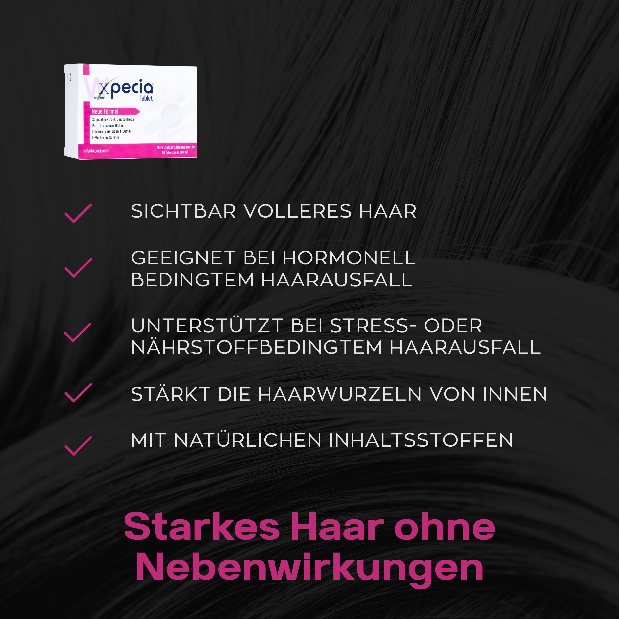 Produktverpackung und Text: Sichtbar volleres Haar, geeignet bei hormonellem Haarausfall, stärkt Haarwurzeln.