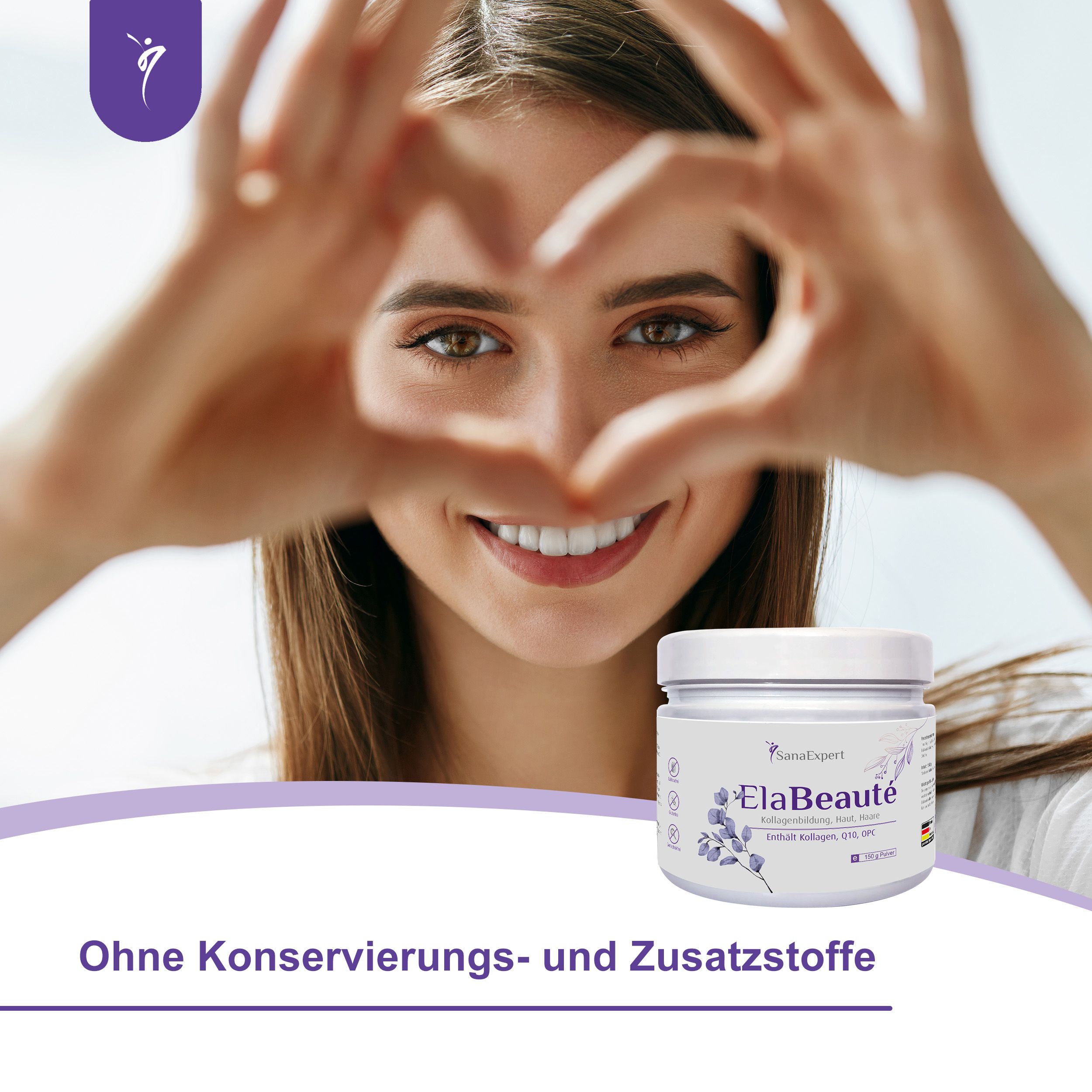 Frau formt Herz mit Händen, SanaExpert ElaBeauté-Pulver. Text: Ohne Konservierungs- und Zusatzstoffe.