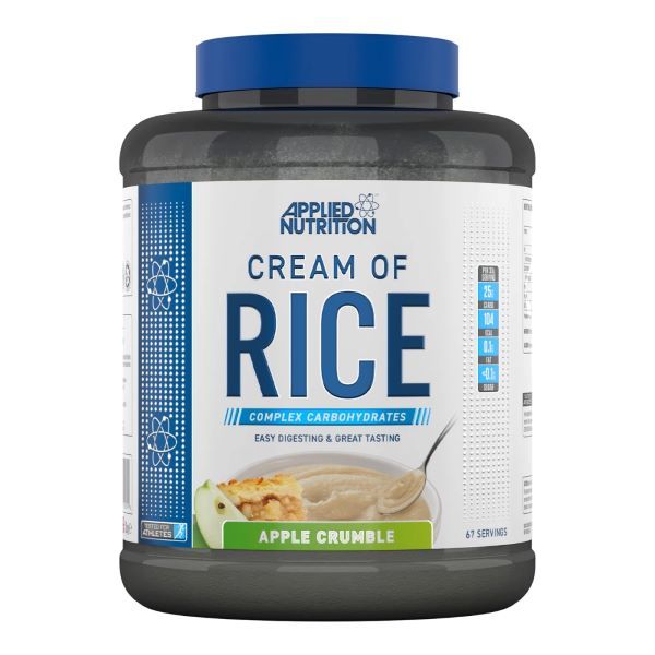 Dose mit "Cream of Rice"-Pulver. Blaue Kappe, weißes Etikett mit Produktnamen und Apfel-Crumble-Abbildung.