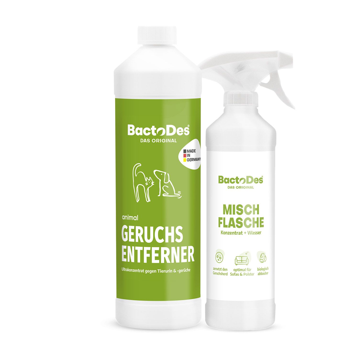 Zwei weiße Flaschen. Eine mit grünem Etikett, Aufschrift BactoDes, Geruchsentferner. Die andere mit Sprühkopf, Aufschrift Misch Flasche.