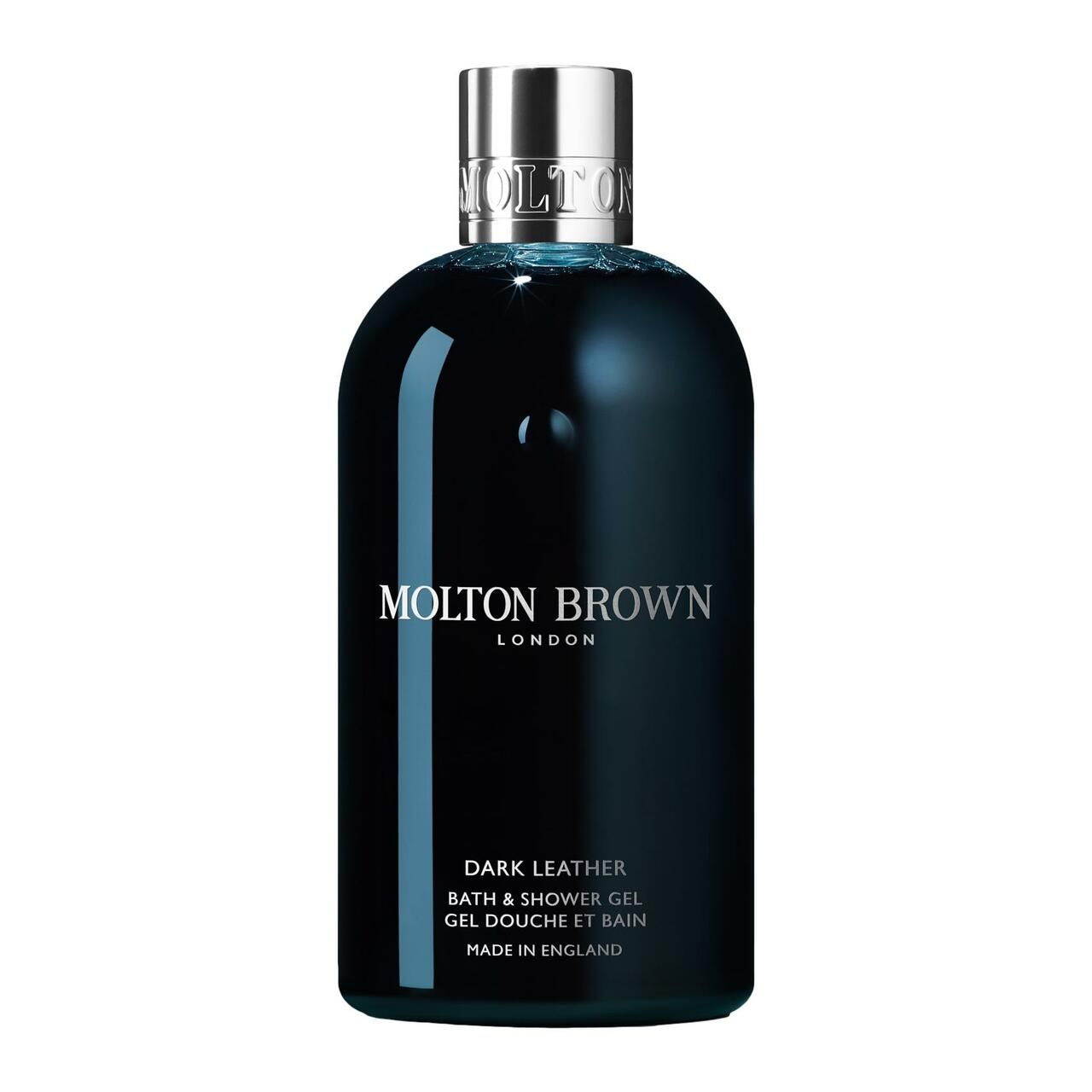 Dunkelblaue Flasche mit silbernem Deckel. Aufschrift: Molton Brown London, Dark Leather Bath & Shower Gel. Hergestellt in England.