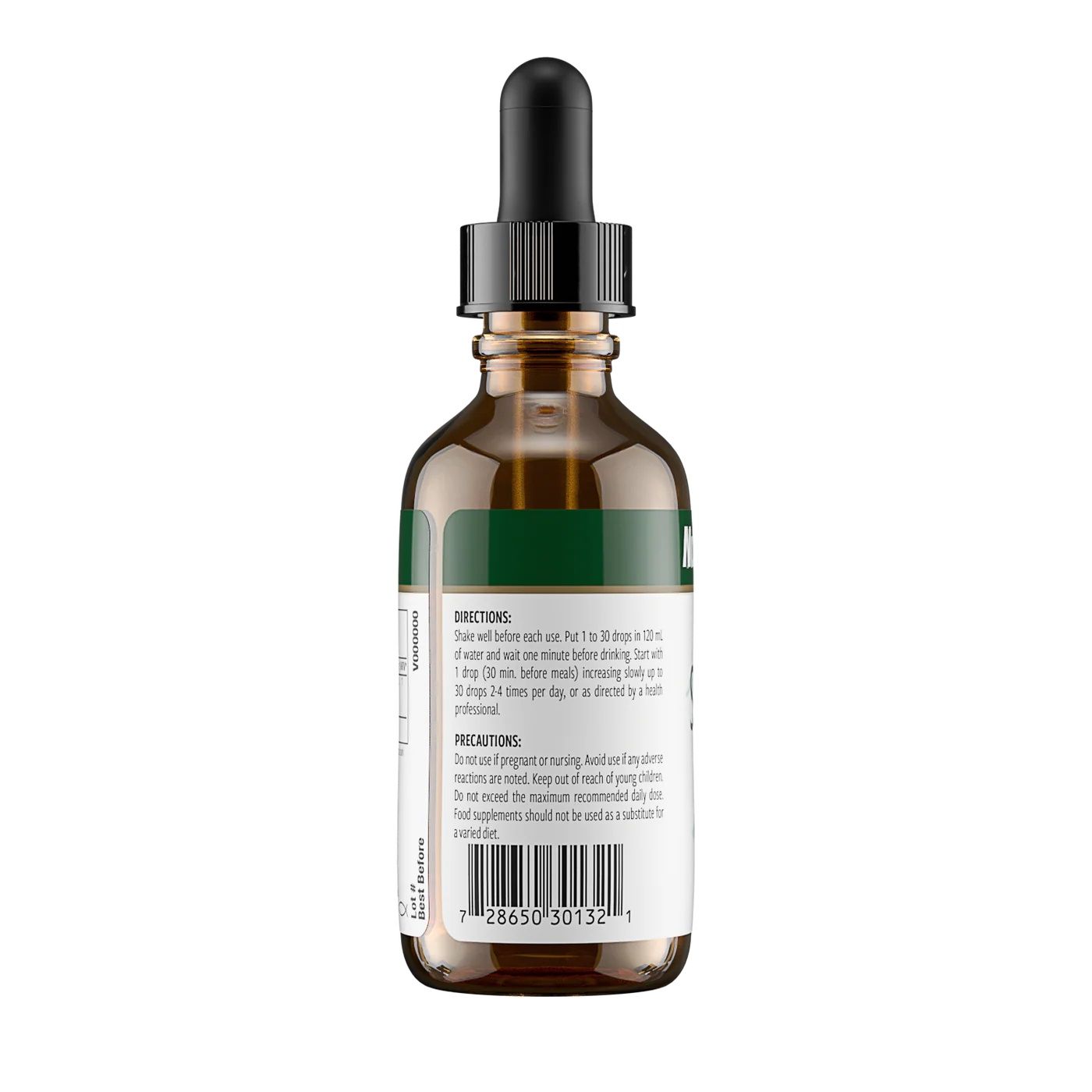 Rückseite einer braunen Glasflasche mit Pipette, Etikett mit Anwendungshinweisen und Barcode.